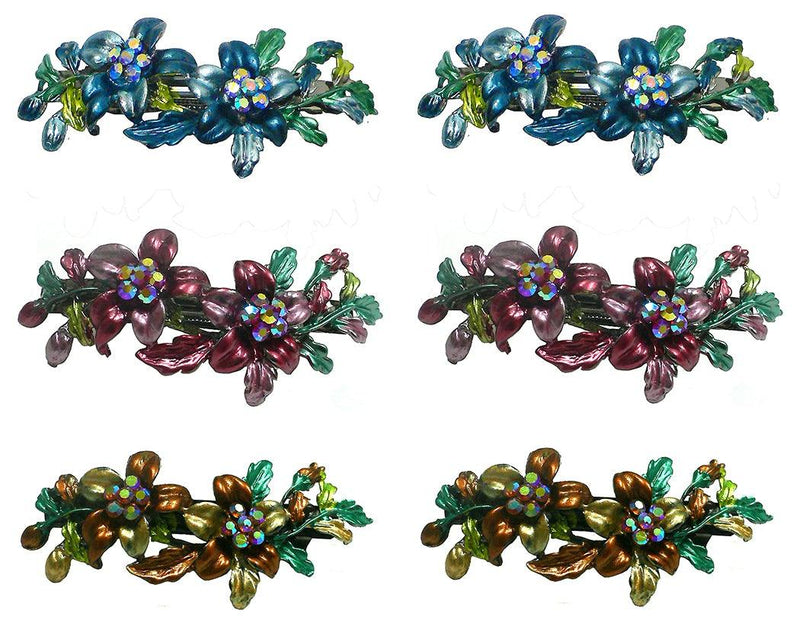 Bella Set of 6 Metal Flower Crystal Barrettes French Clasp 3 Colors YY86800-11-6 - Bella Fashion Wholesale