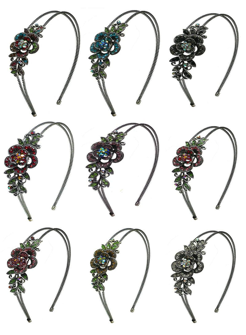 Bella Set of 9 Crystal Flower Headbands Resilient Metal Double Wire Hair Bands U86121-0119-9 - Bella Fashion Wholesale