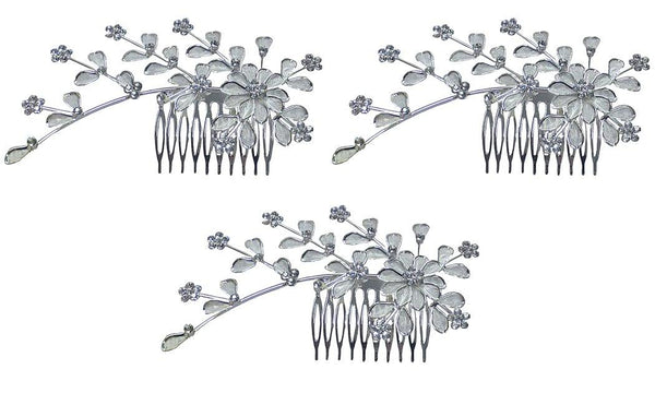 Brand jcgy Bridal Flower Comb, Silvery White Crystal Comb with Silver Color Trim AD863015-63264-3 - Bella Fashion Wholesale