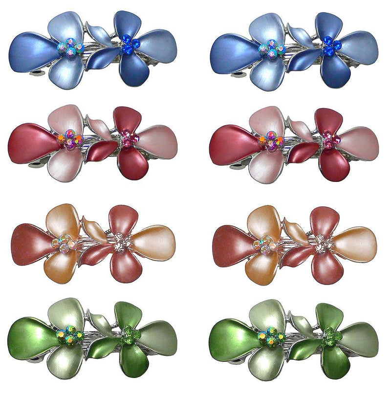 Set of 8, 8 Flower Barrettes, 2 each of 4 Colors, Making 4 Pairs, Sparkly Crystals NF86300-GL8-8 - Bella Fashion Wholesale