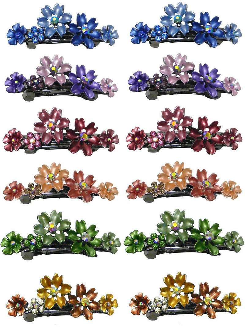 Bella Dozen Pack Mid Size Metal Crystal Flower Barrettes 2 ea 6 Colors YY86400-12-D - Bella Fashion Wholesale
