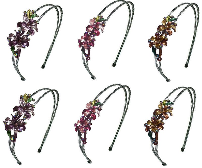 Set of 6 Crystal Flower Headbands Resilient Metal Double Wire Hair bands YY86801-1-6 - Bella Fashion Wholesale